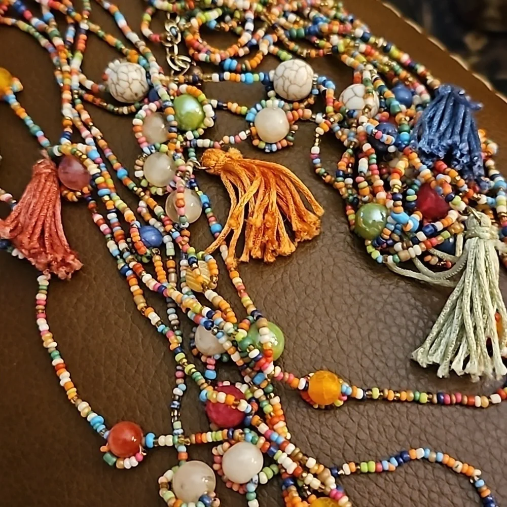 CHICO'S Hagen 9 Festive Rainbow Beaded Tassel Multi-strand Boho Fiesta Necklace